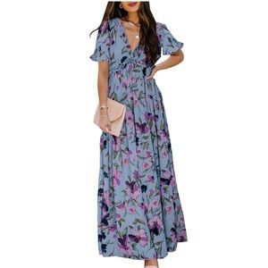 Blue boho maxi dress with ruffle detail and purple floral pattern